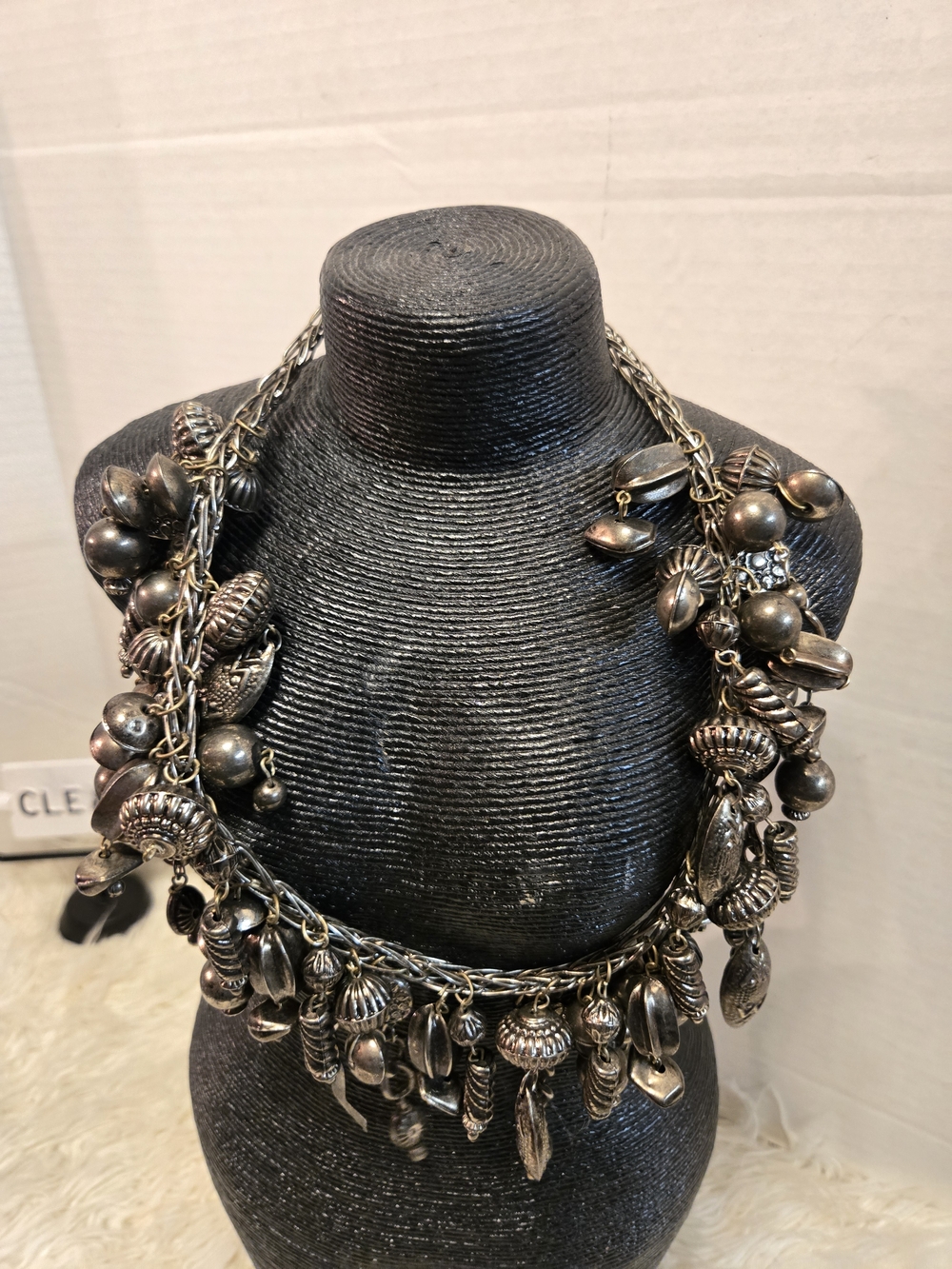 Vintage Silver-Tone Charm Statement Necklace - Bold Metallic Layered Design